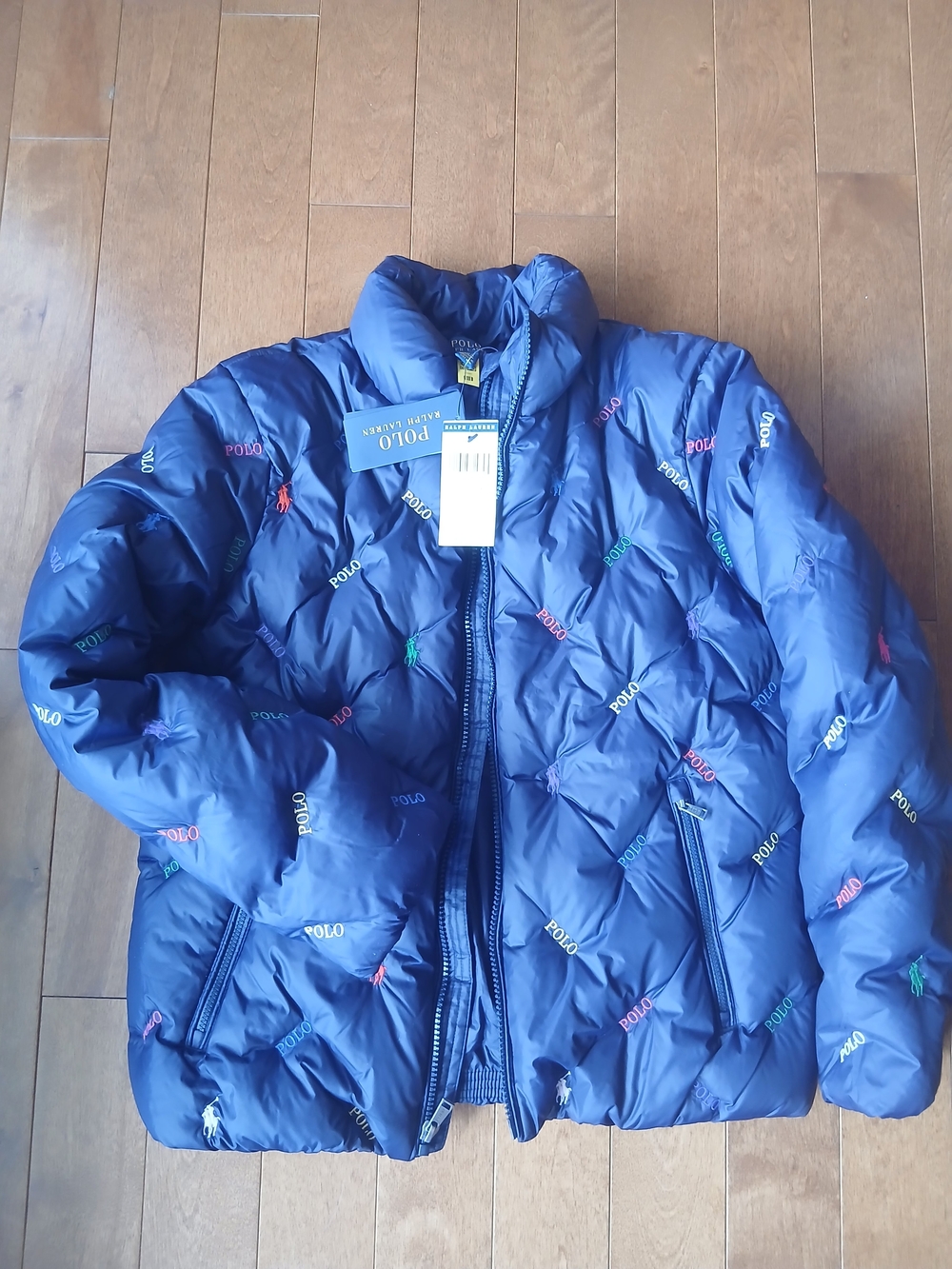 Ralph Lauren Navy Kids Quilted Puffer Jacket with Multicolor Polo Logos 12 -14 L